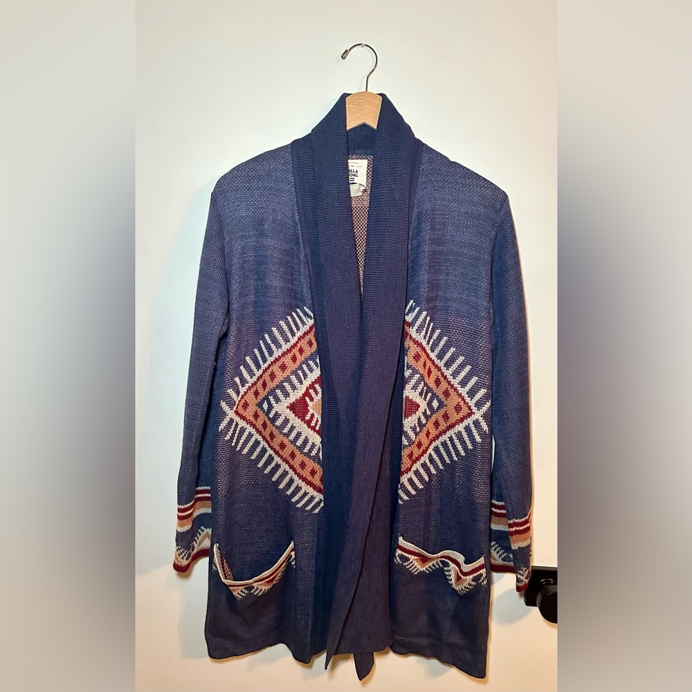Billabong western print blue long open cardigan Size Large